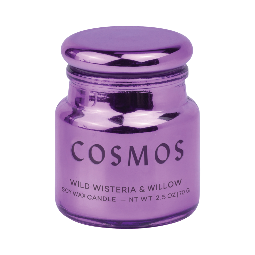 2.5 oz soy wax candle in metallic glass jar with lid. 