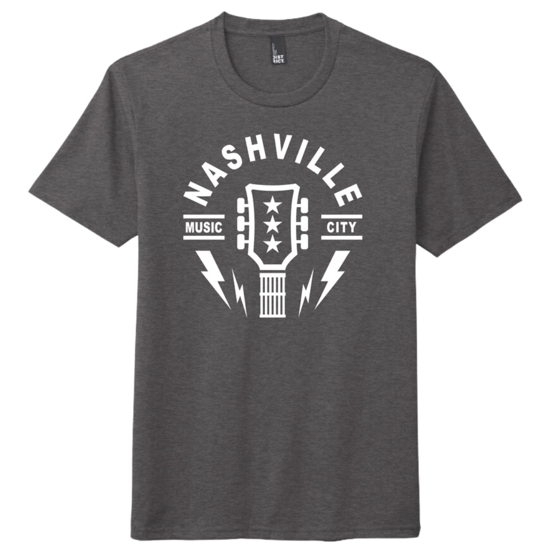Dark grey shirt says "Nashville, music city" with guitar headstock and lightning bolts. 