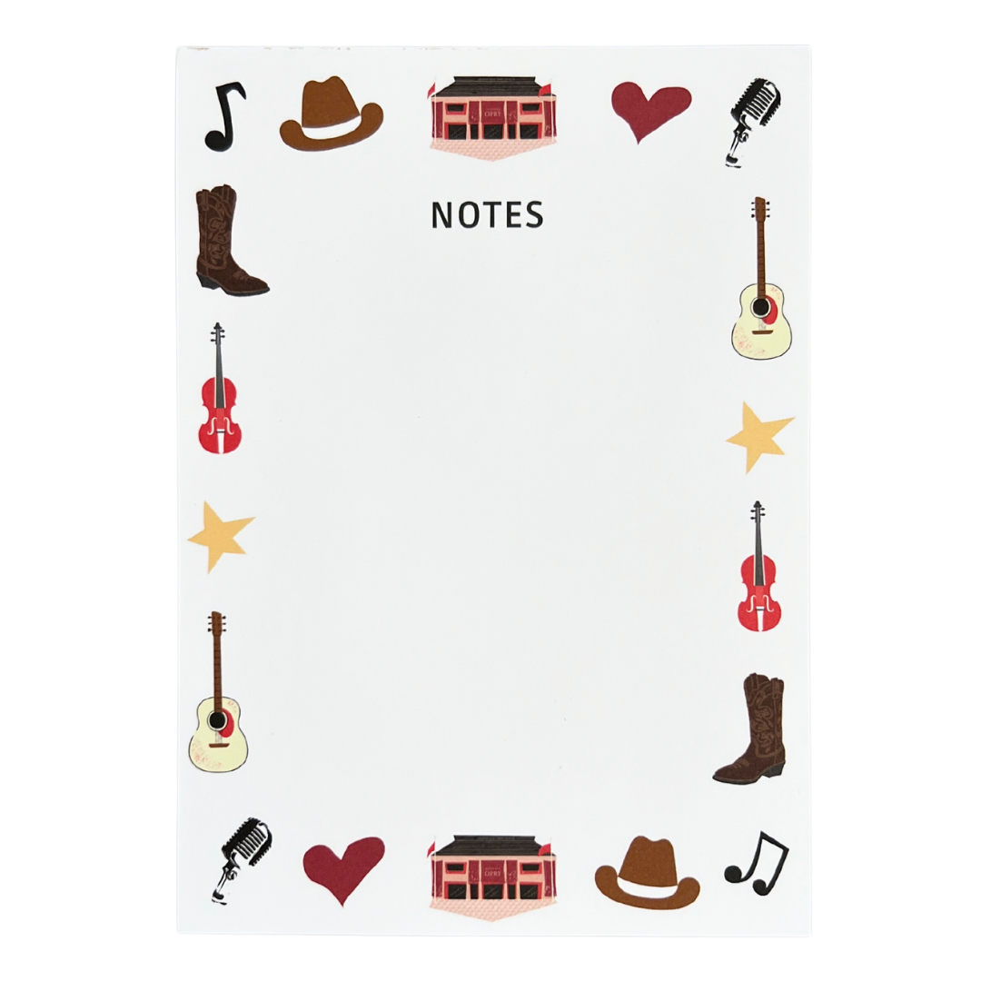 White unlined notepad with border of country music symbols.