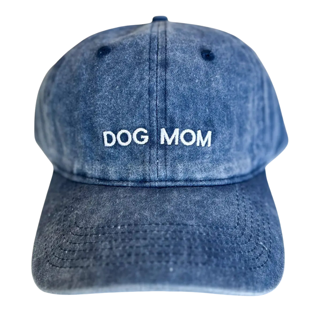 Blue chino hat says, "Dog Mom" in white embroidery. 