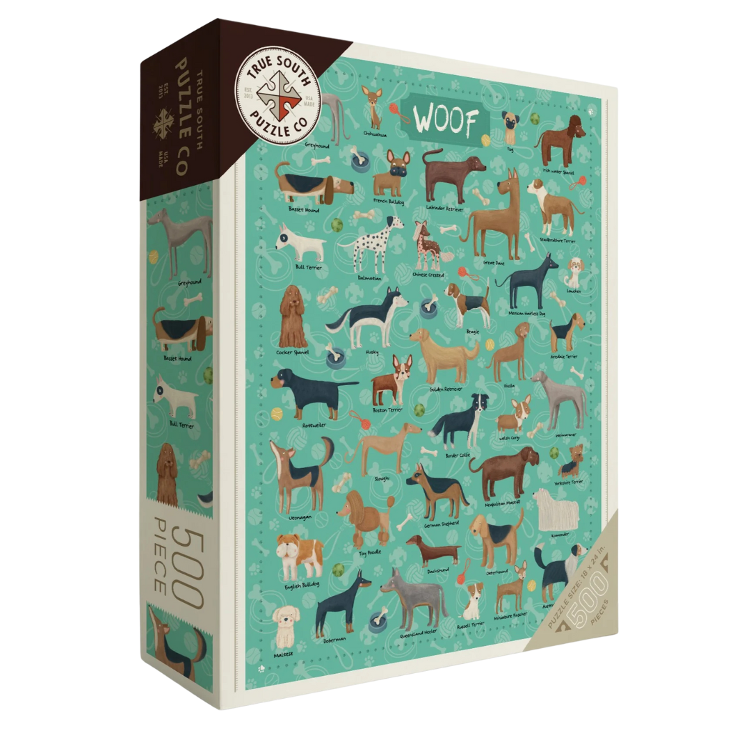 500 piece puzzle with different dog breeds. 