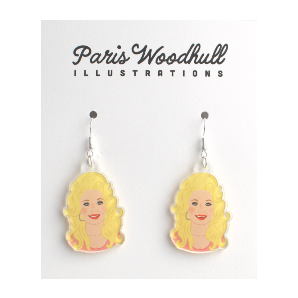 Acrylic dangle earrings of young Dolly Parton.  