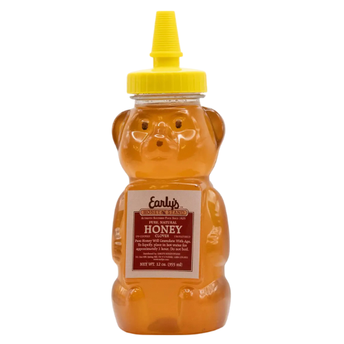 Early's 12 oz honey bear bottle. Has a yellow tip lid for easy use and squeezing. Bottle is shaped like a bear.
