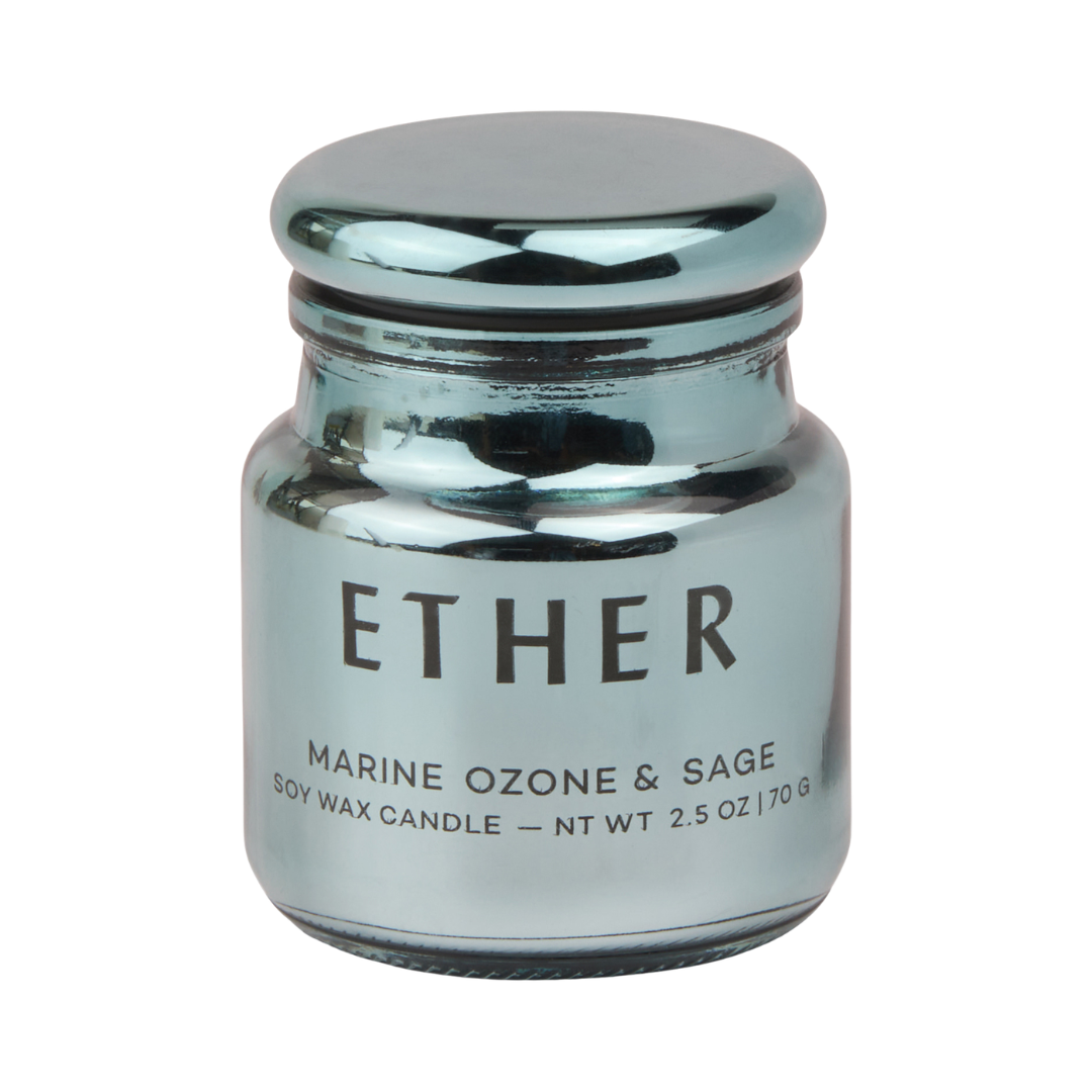 2.5 oz soy wax candle in metallic glass jar with lid. 