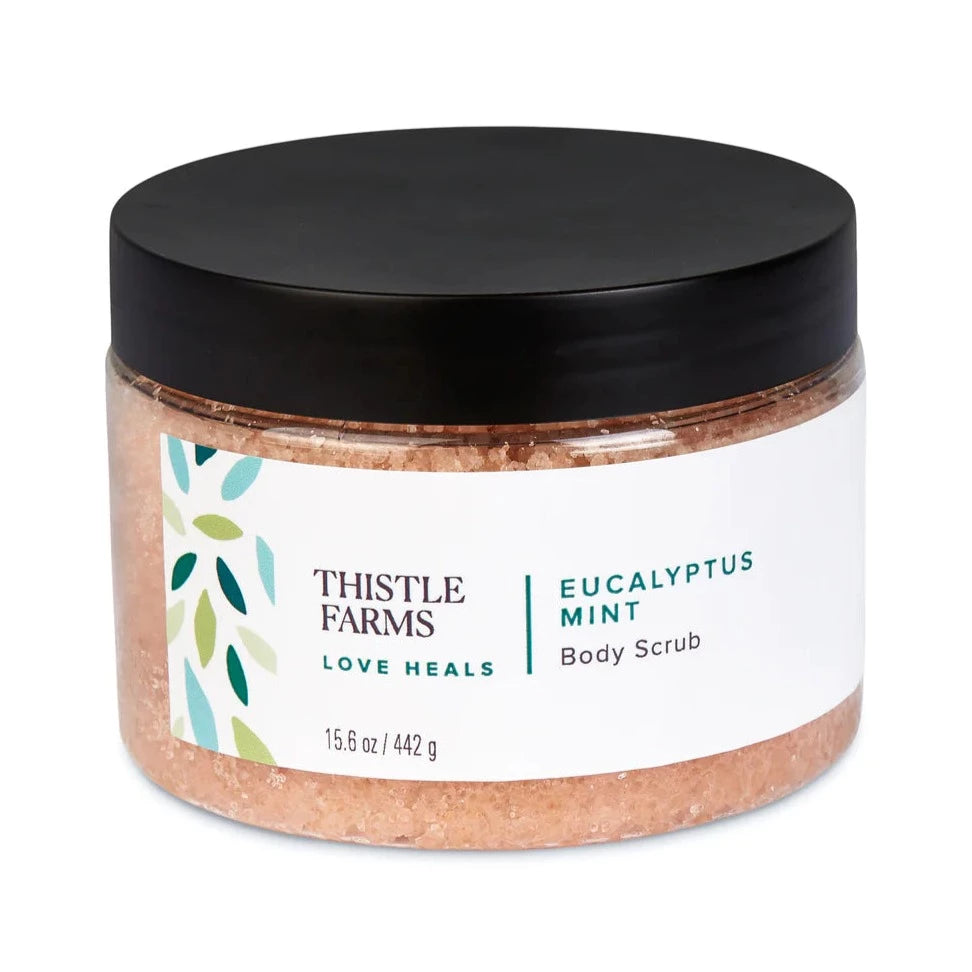 15.6 oz Eucalyptus Mint body scrub, in plastic container with resealable lid. 