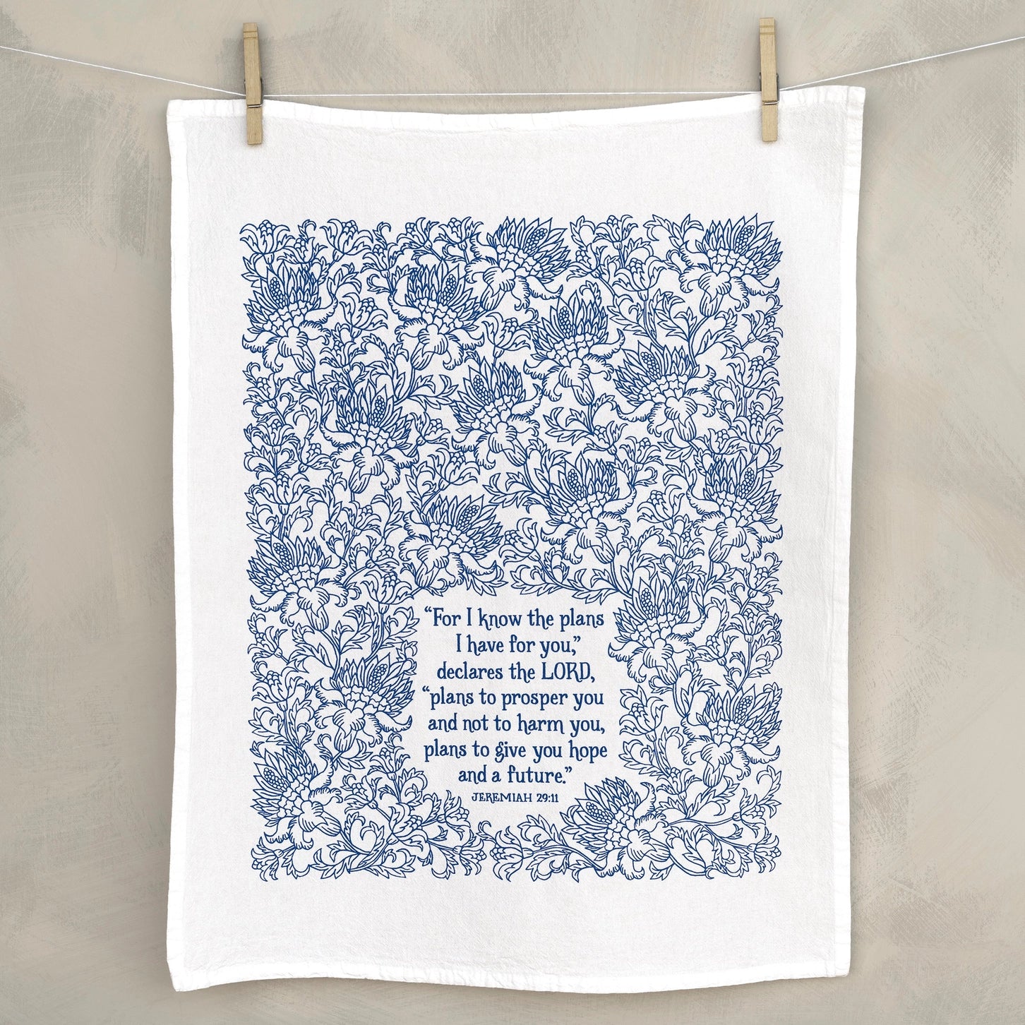 For I Know the Plans Jeremiah 29:11 Scripture Tea Towel in blue floral print. 
