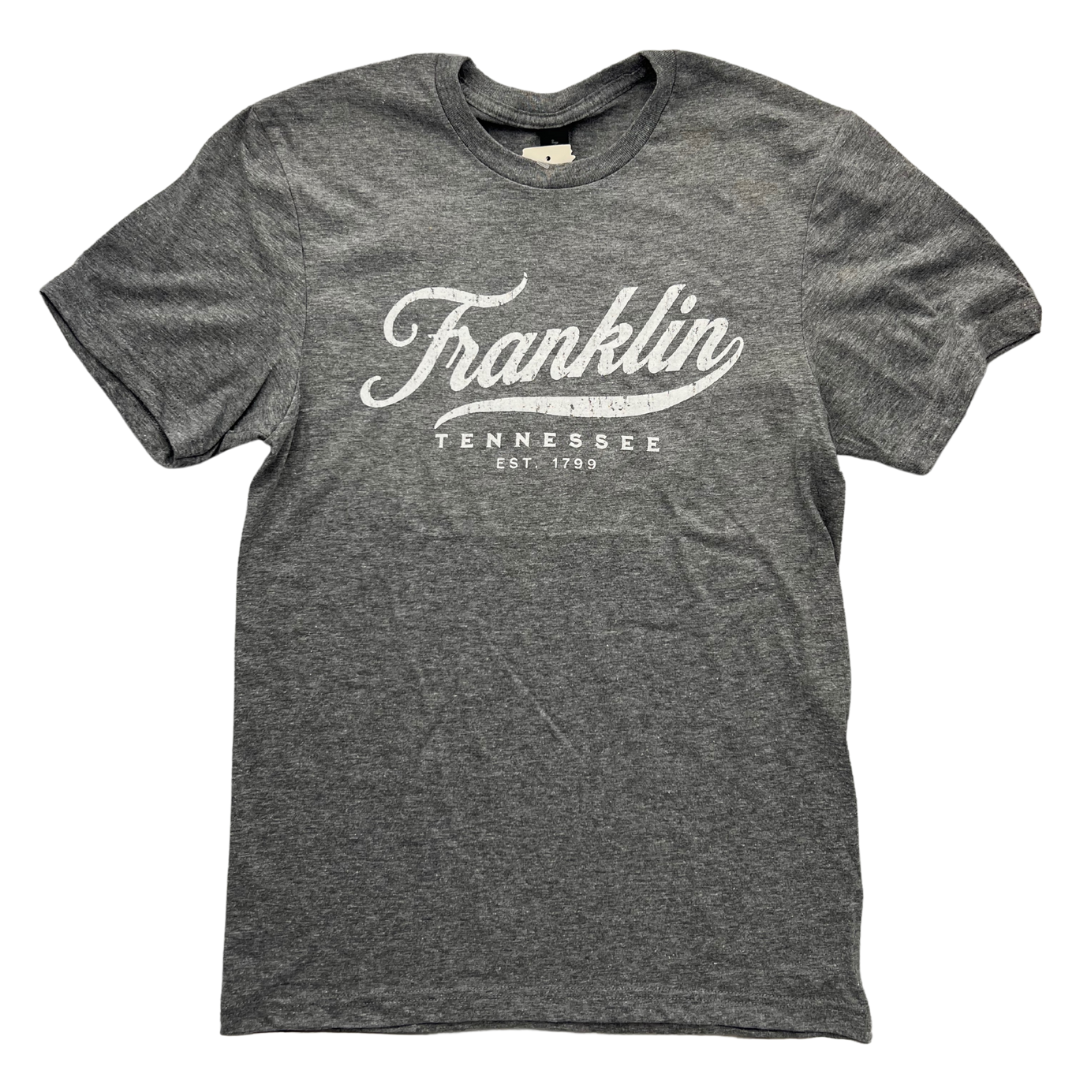 Heathered grey "Franklin, Tennessee" shirt screen-printed in white.  