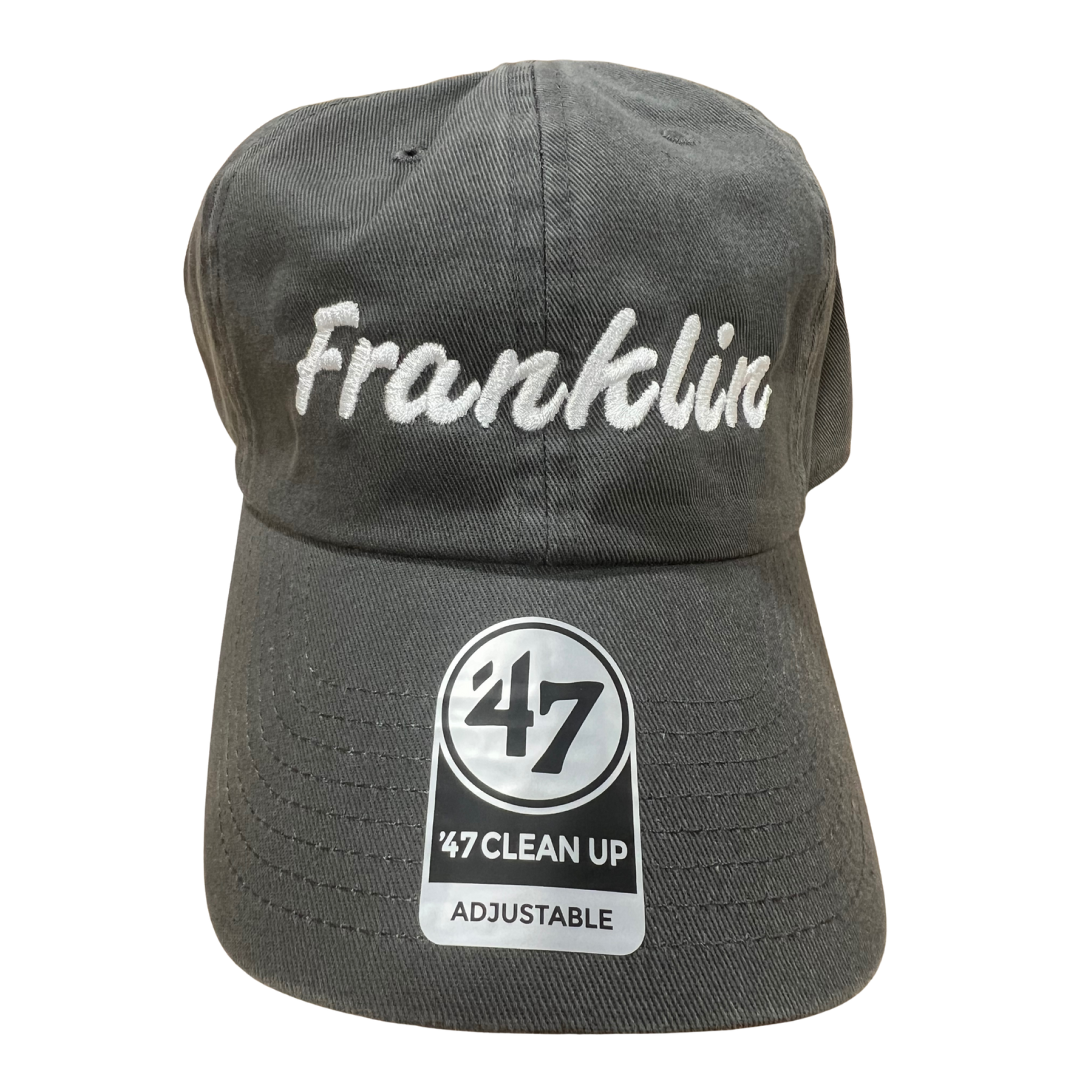 Grey chino hat with "Franklin" embroidered in white. 