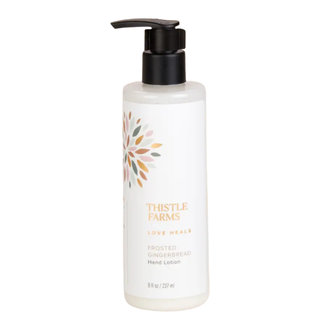 8 fl oz Frosted Gingerbread Hand Lotion in plastic bottle with pump top, holiday scent.