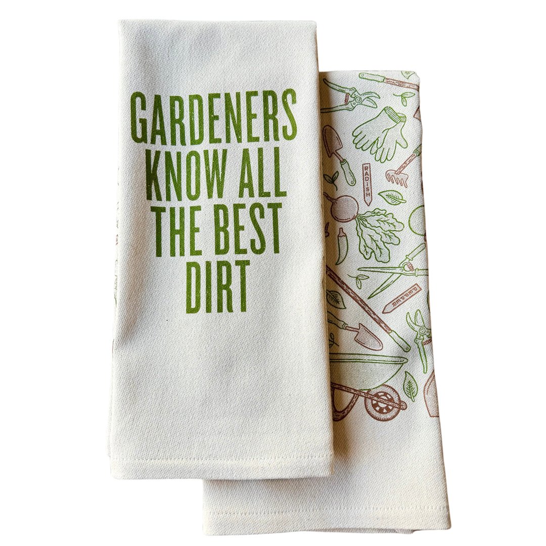 funny saying screen printed on cotton kitchen towel in green with garden motif. 