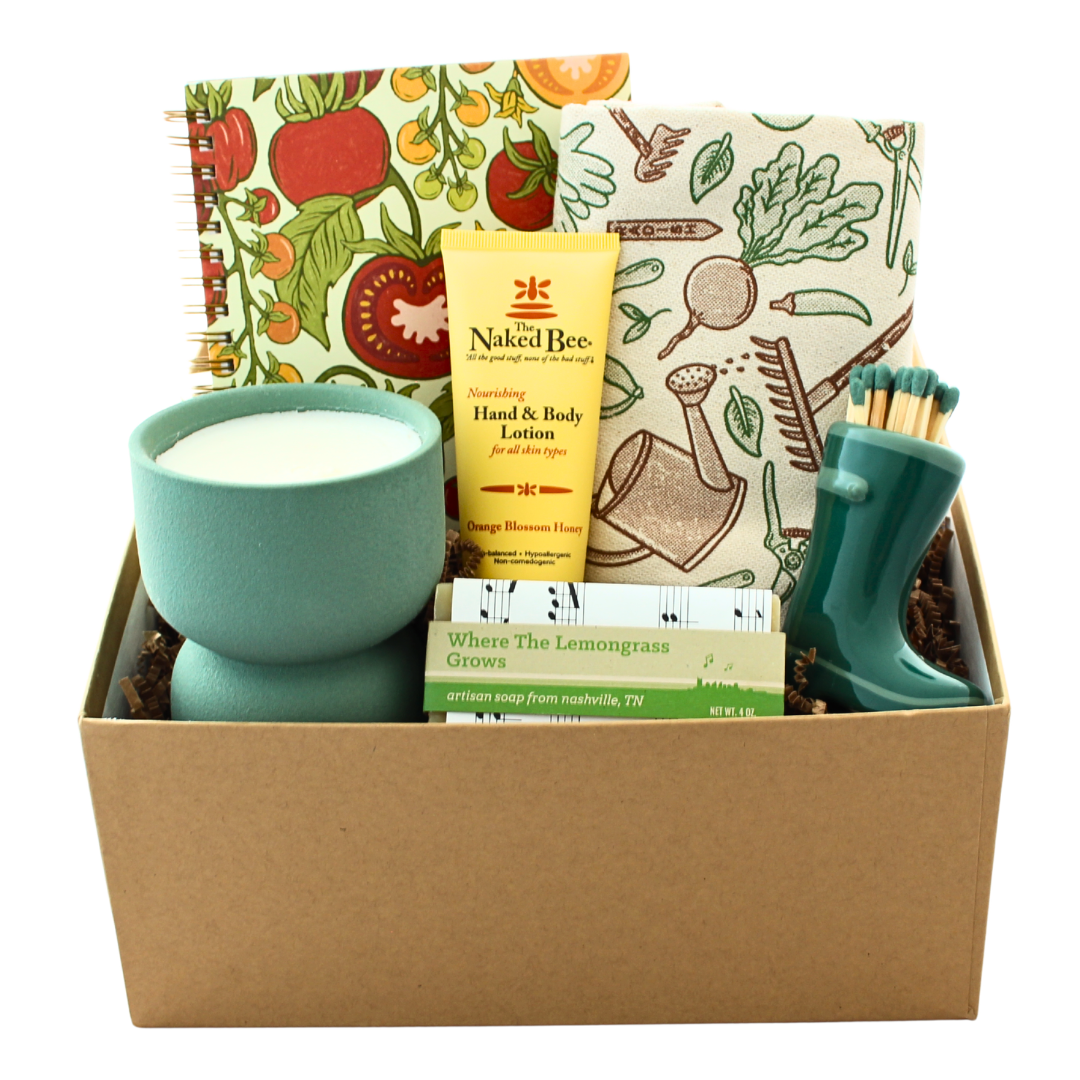 Gardner themed gift set with notebook, towel, lotion, soap, candle and matches. 