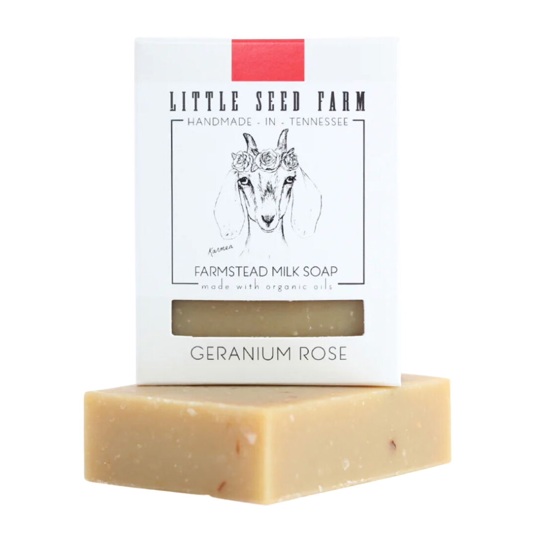 2.4 oz Geranium rose scented goat's milk soap bar.