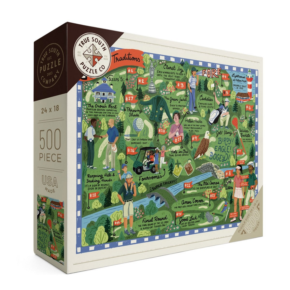 500 piece puzzle illustrating golfing traditions. 