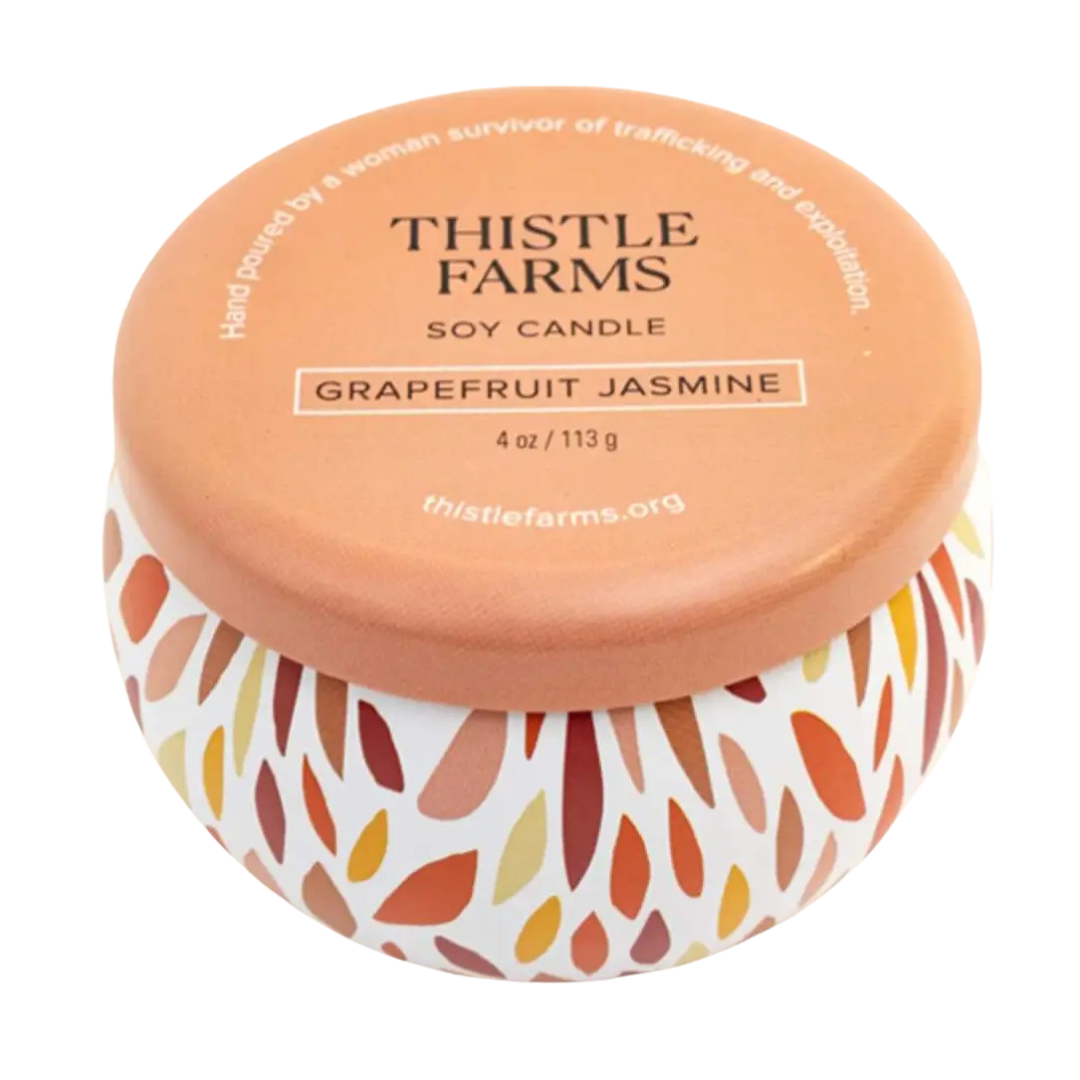 4 oz. candle is made from 100% pure soy wax. comes in orange floral tin with lid. 