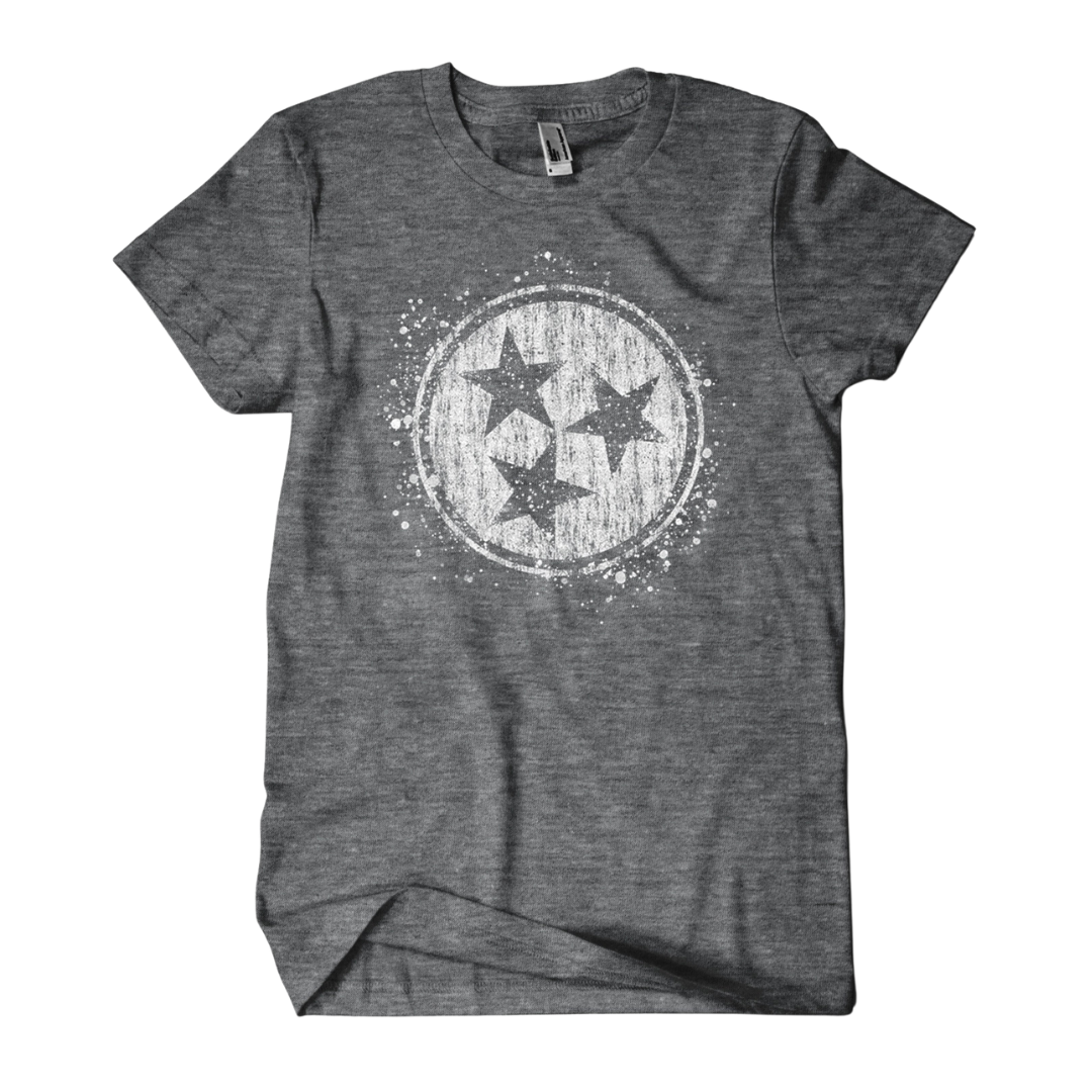 Gray shirt with large stylized tristar emblem screen-printed in white.