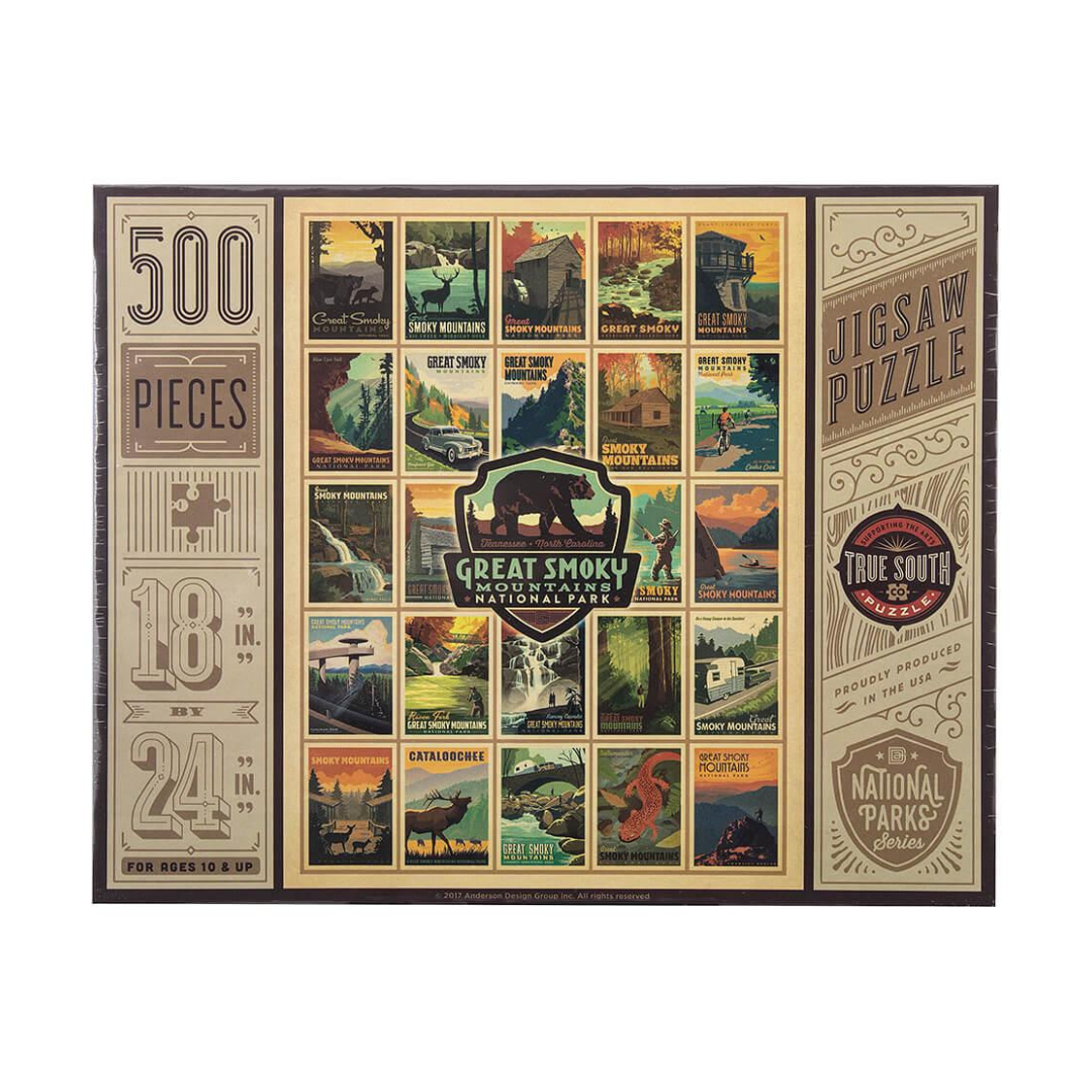 500 piece puzzle of iconic locations in the Great Smoky Mountains National Park.