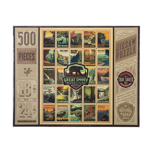 500 piece puzzle of iconic locations in the Great Smoky Mountains National Park.