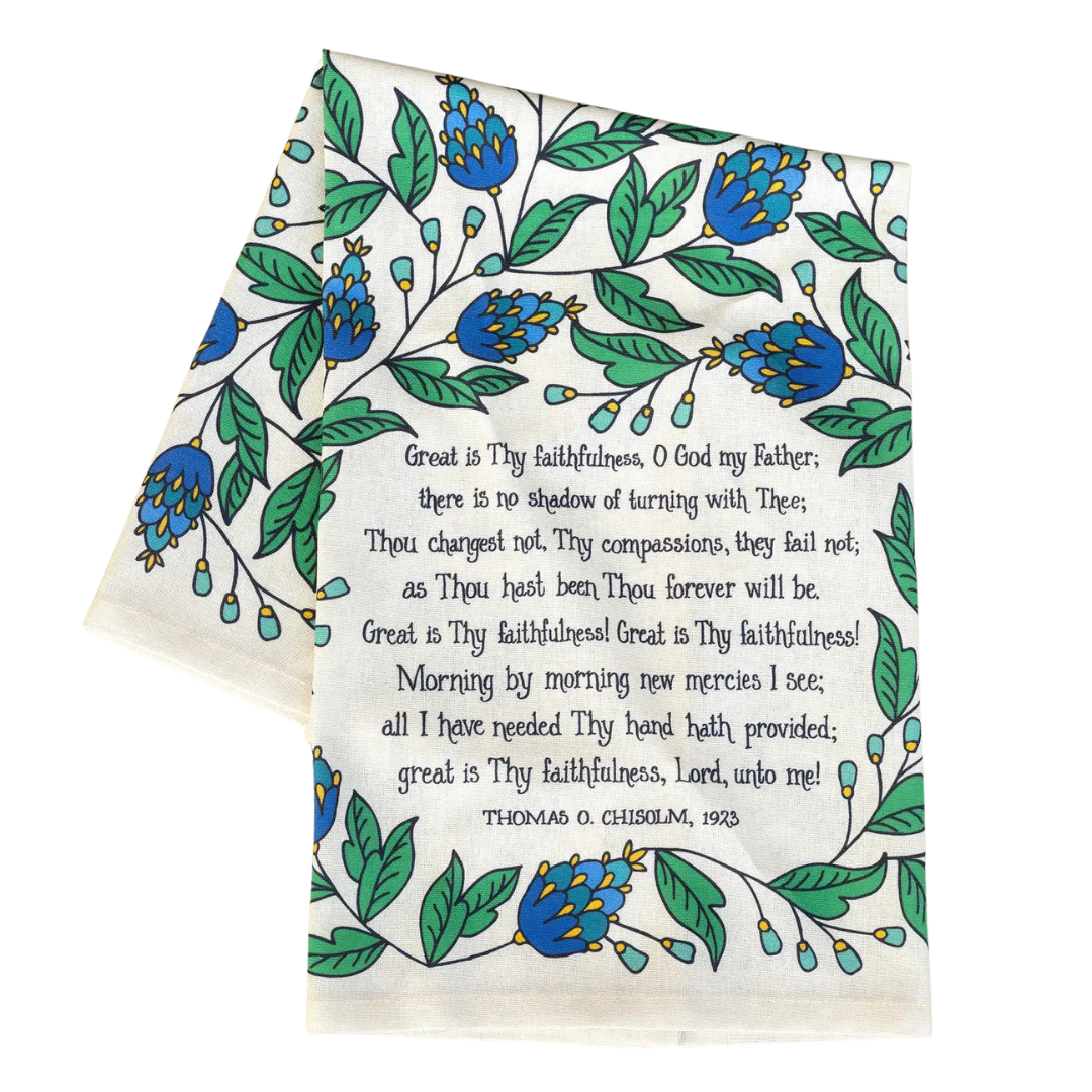 cotton kitchen towel floral design and hymn song lyrics.