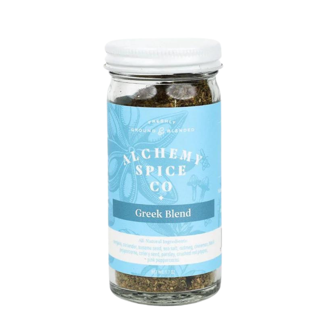 "Greek Blend" seasoning in glass bottle with resealable lid.