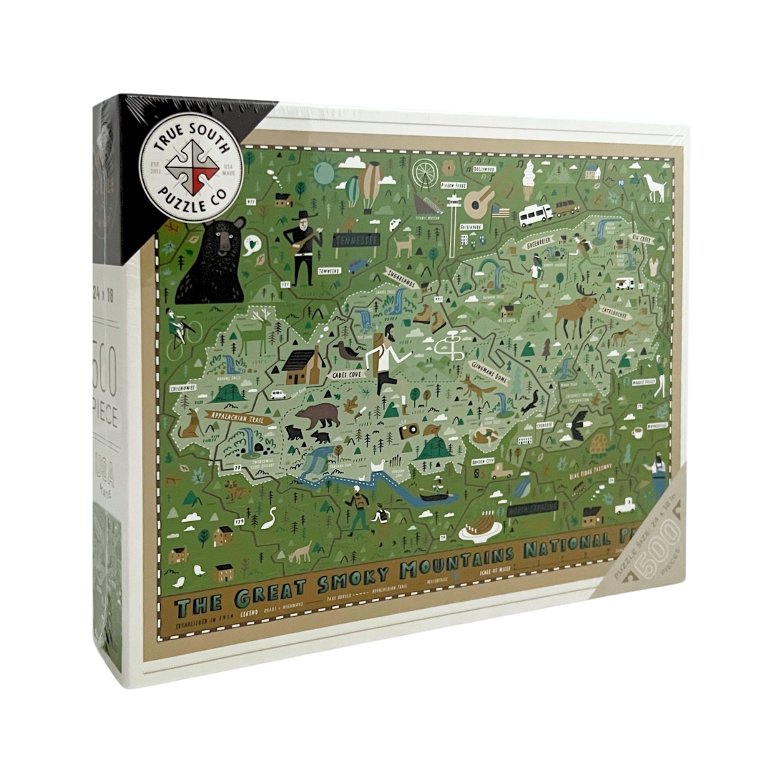 500 piece puzzle illustrated map of the Green Great Smoky Mountains National Park 