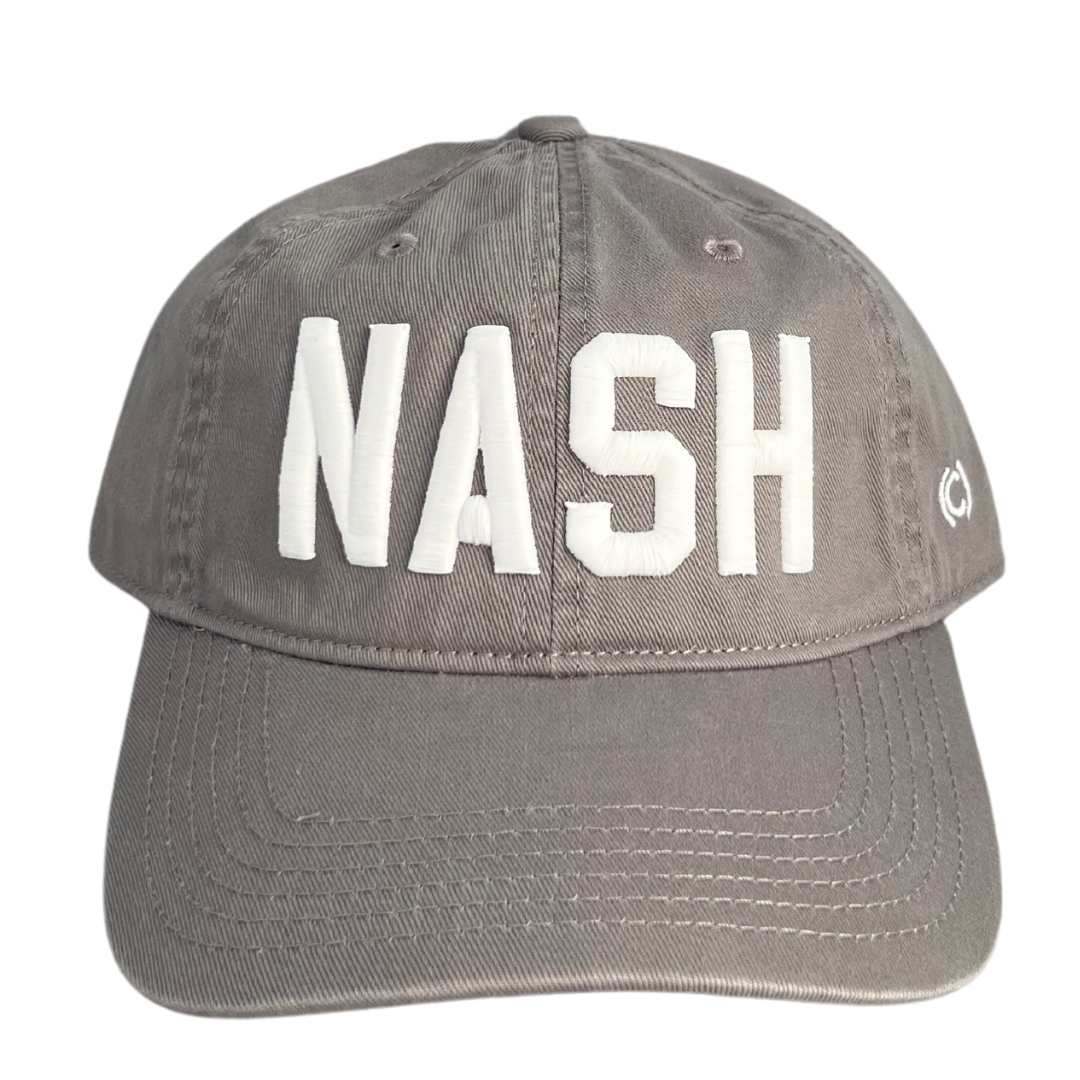 Grey cotton hat with "NASH" embroidered in white.