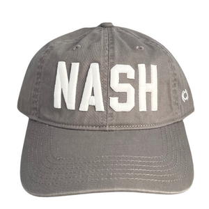 Grey cotton hat with "NASH" embroidered in white.