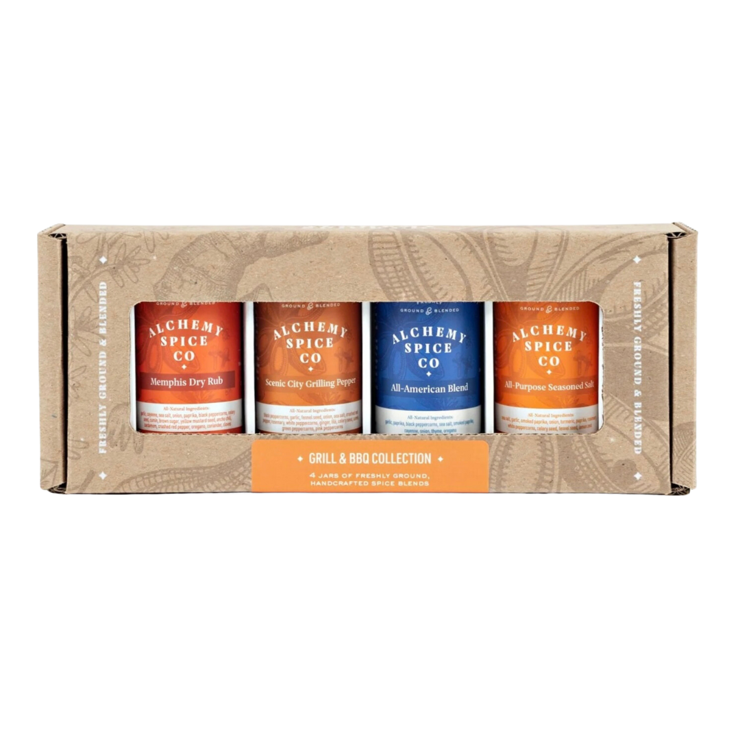Grill & BBQ collection from Alchemy Spice Co. Comes with four different spices Memphis Dry Rub, Scenic City Grilling Pepper, All-American Blend, and All-Purpose Seasoned Salt.
