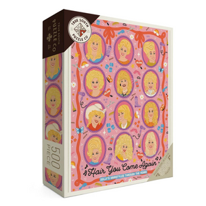 500 piece puzzle illustrations of Dolly Parton's hair styles throughout the ages. 
