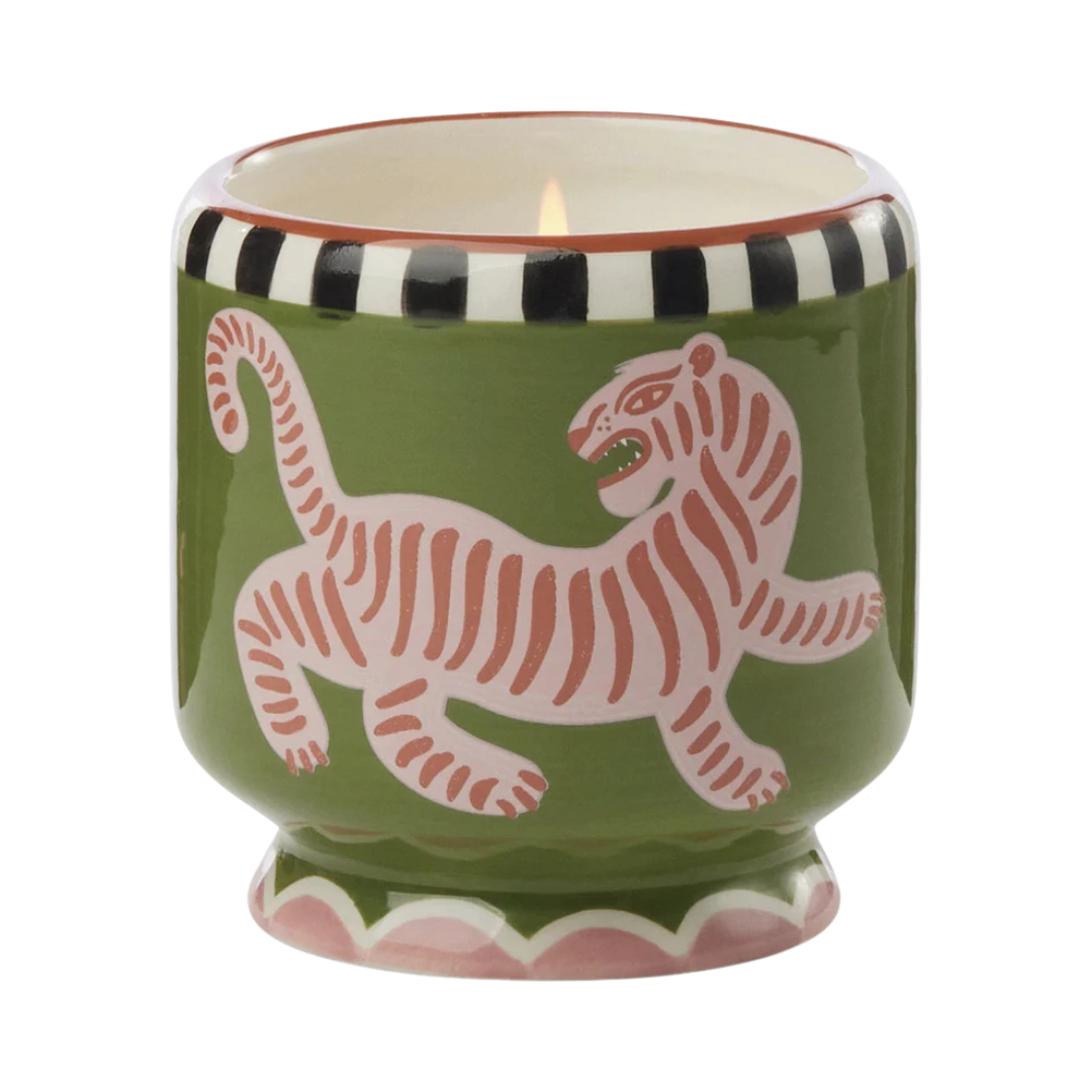 8 oz Cedar and fig candle hand painted ceramic with pink tigers. 