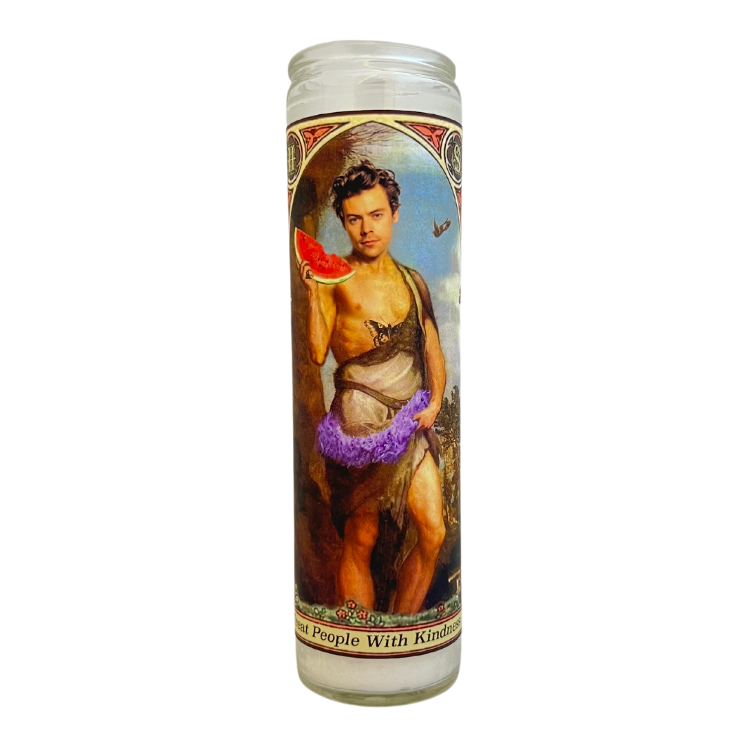 Harry Styles prayer candle with his famous watermelon! Have Harry watch over your room with this fun candle. "Treat People With Kindness".