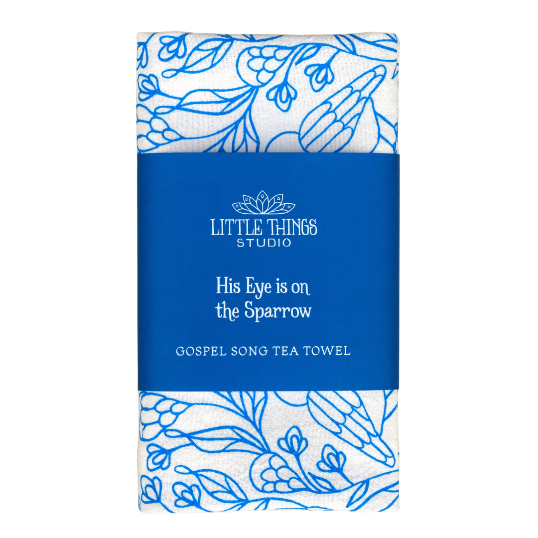 cotton kitchen towel floral design and gospel song lyrics.