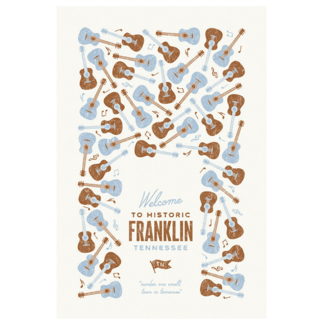 Welcome to Franklin screen printed on cotton kitchen towel in blue and brown.
