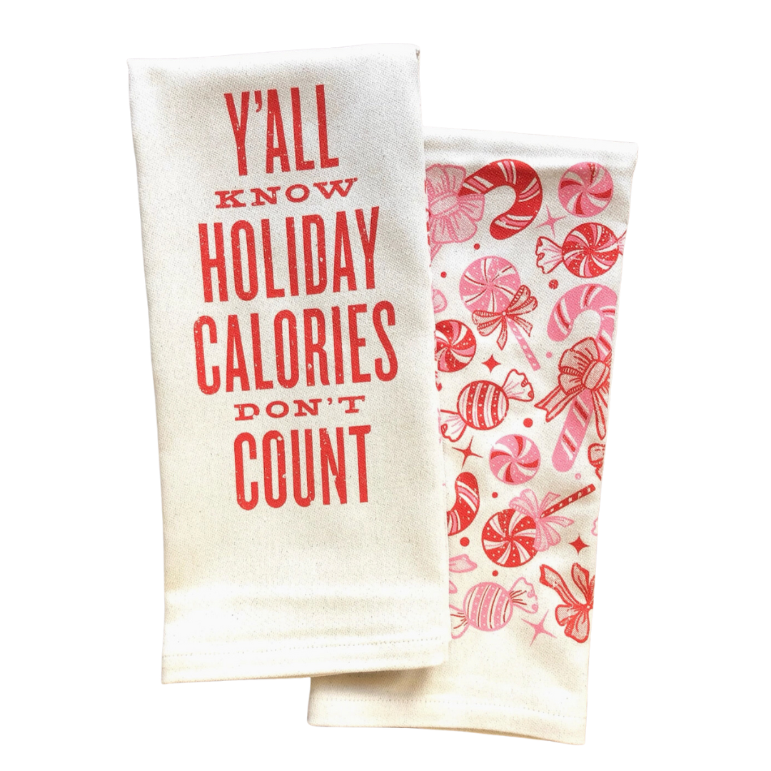 funny saying screen printed on cotton kitchen towel in pink and red with candy motif. 