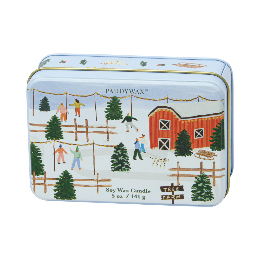 5oz holiday scented tin with holiday image. 