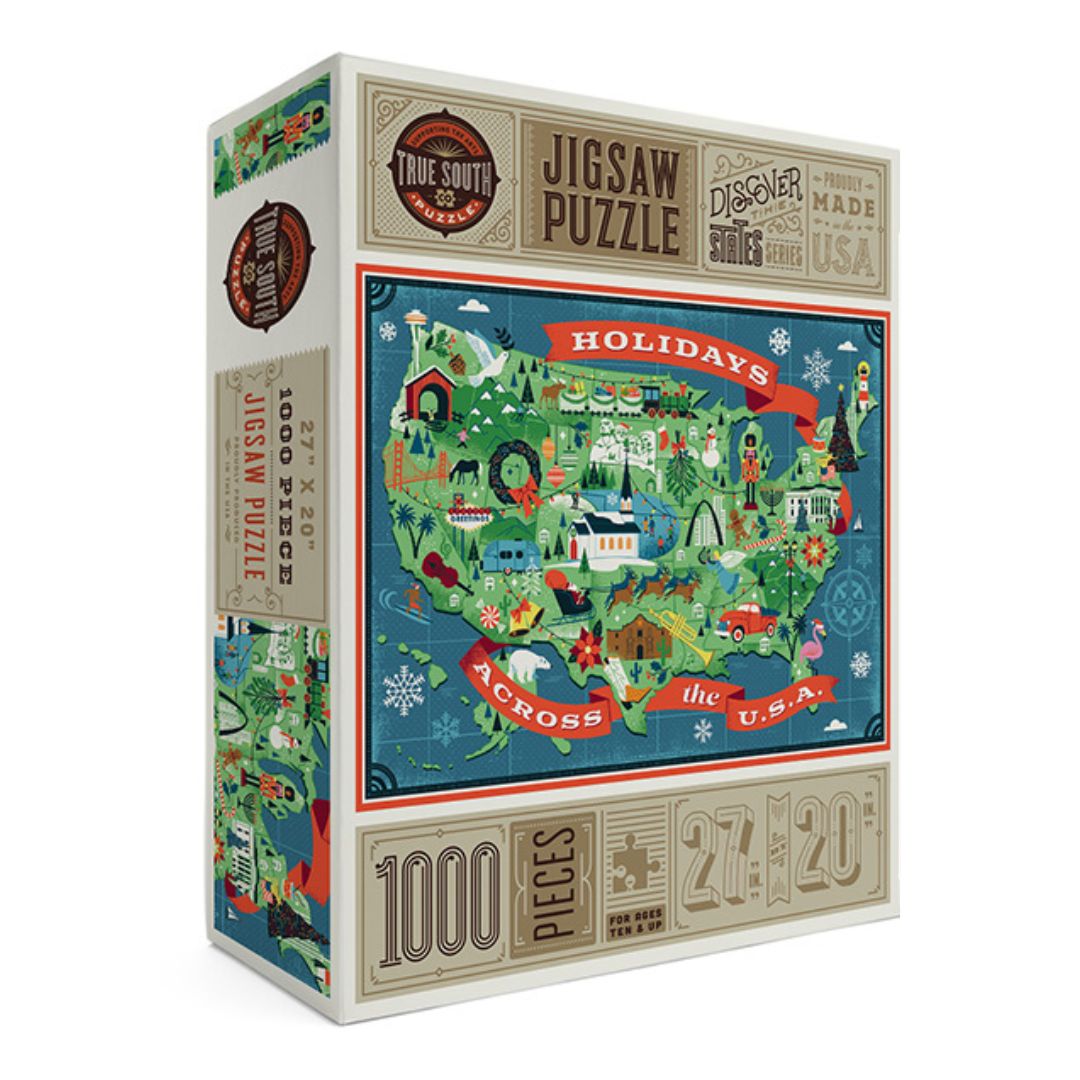 500 piece puzzle illustrating the holidays across the USA