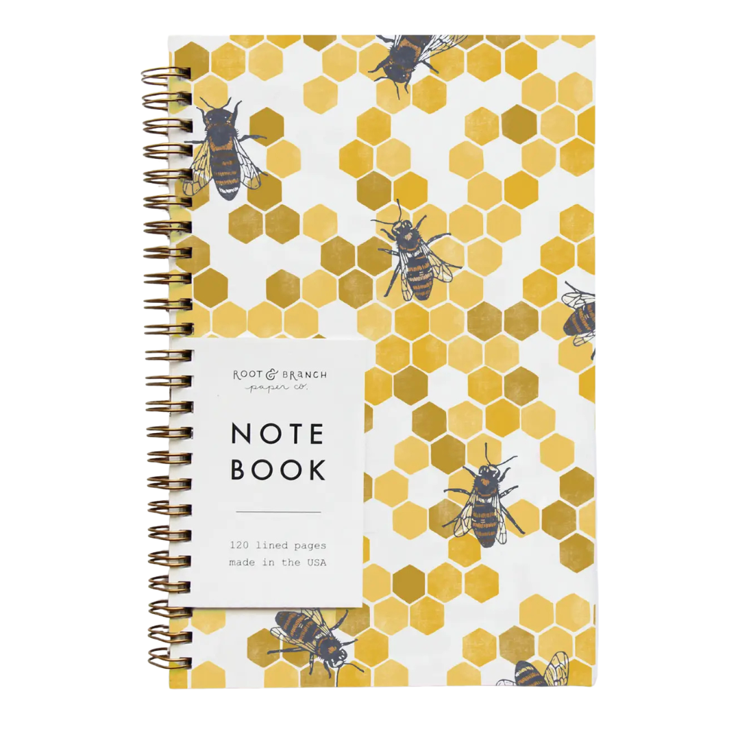 Honeybee Spiral Bound Notebook, white and yellow. 