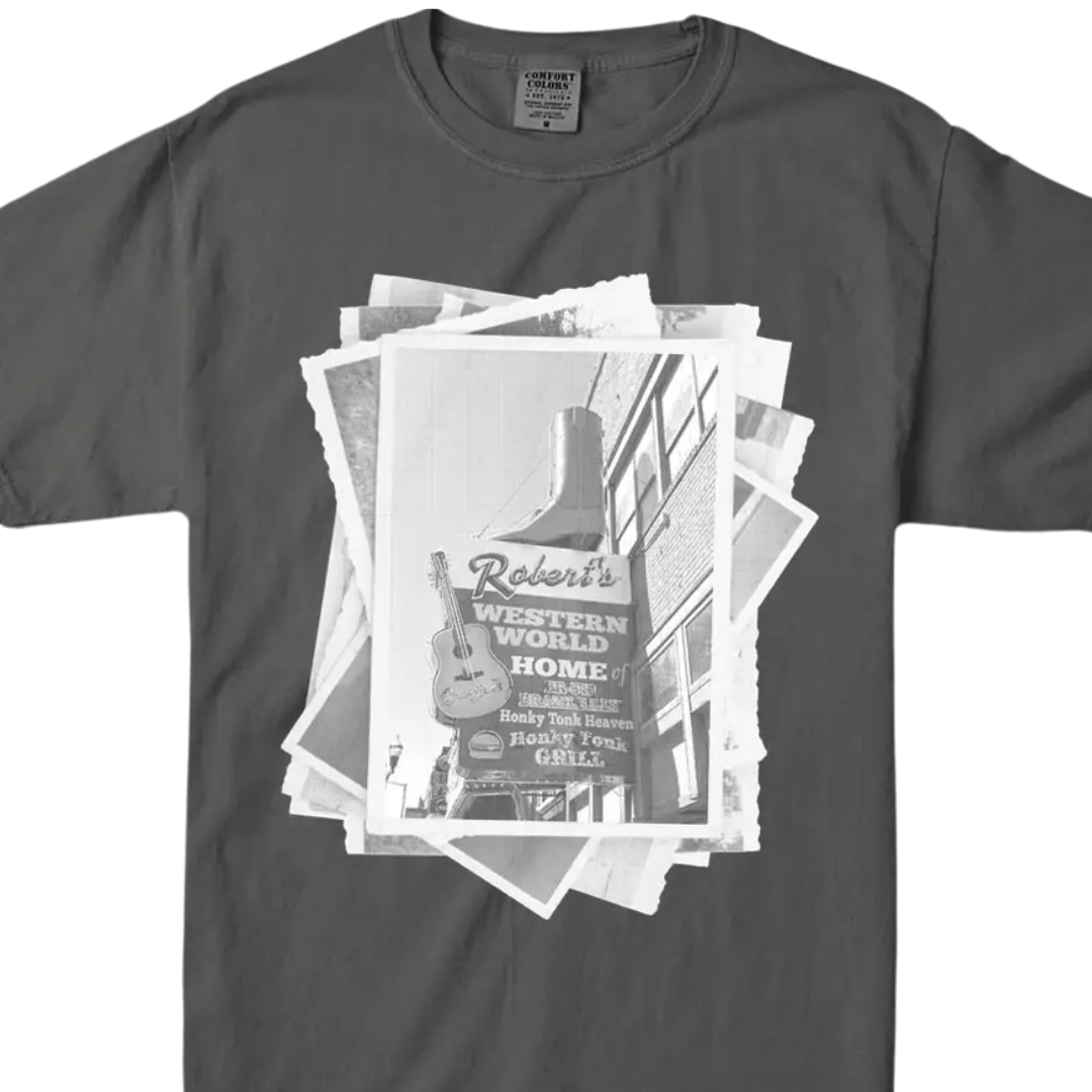 Dark grey shirt with image of a retro Honky Tonk sign, screen-printed in grayscale.