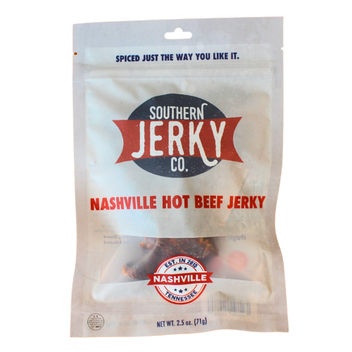 Bag of Nashville hot beef jerky. In a resealable bag with Southern Jerky Co logo on it.