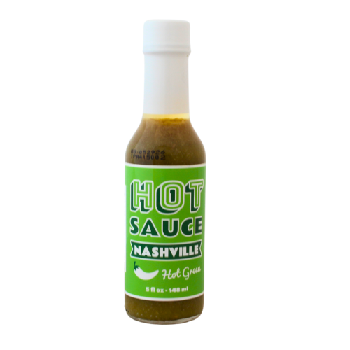 5 oz glass bottle of green hot sauce.