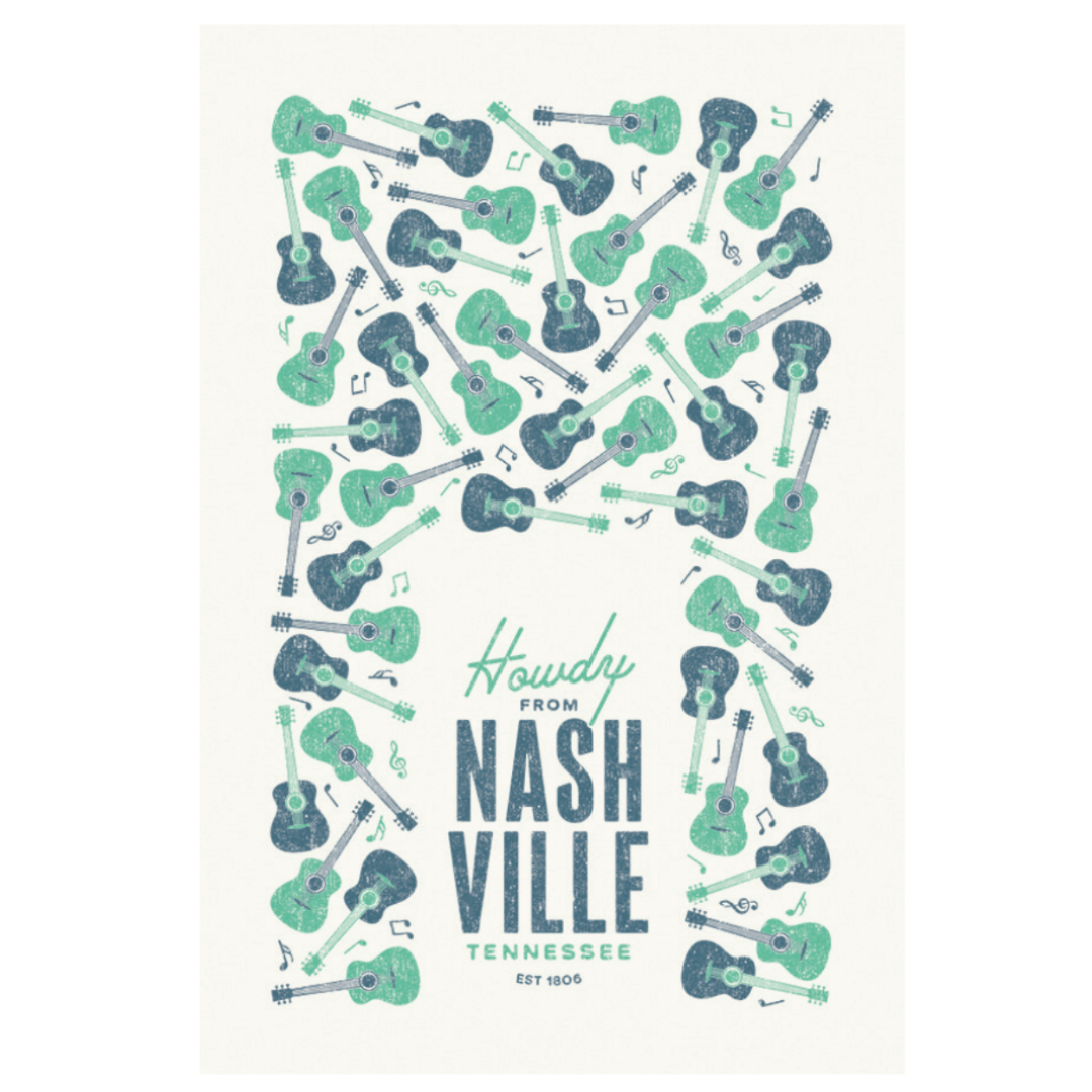 Nashville themed design screen printed on cotton kitchen towel in blue and green.
