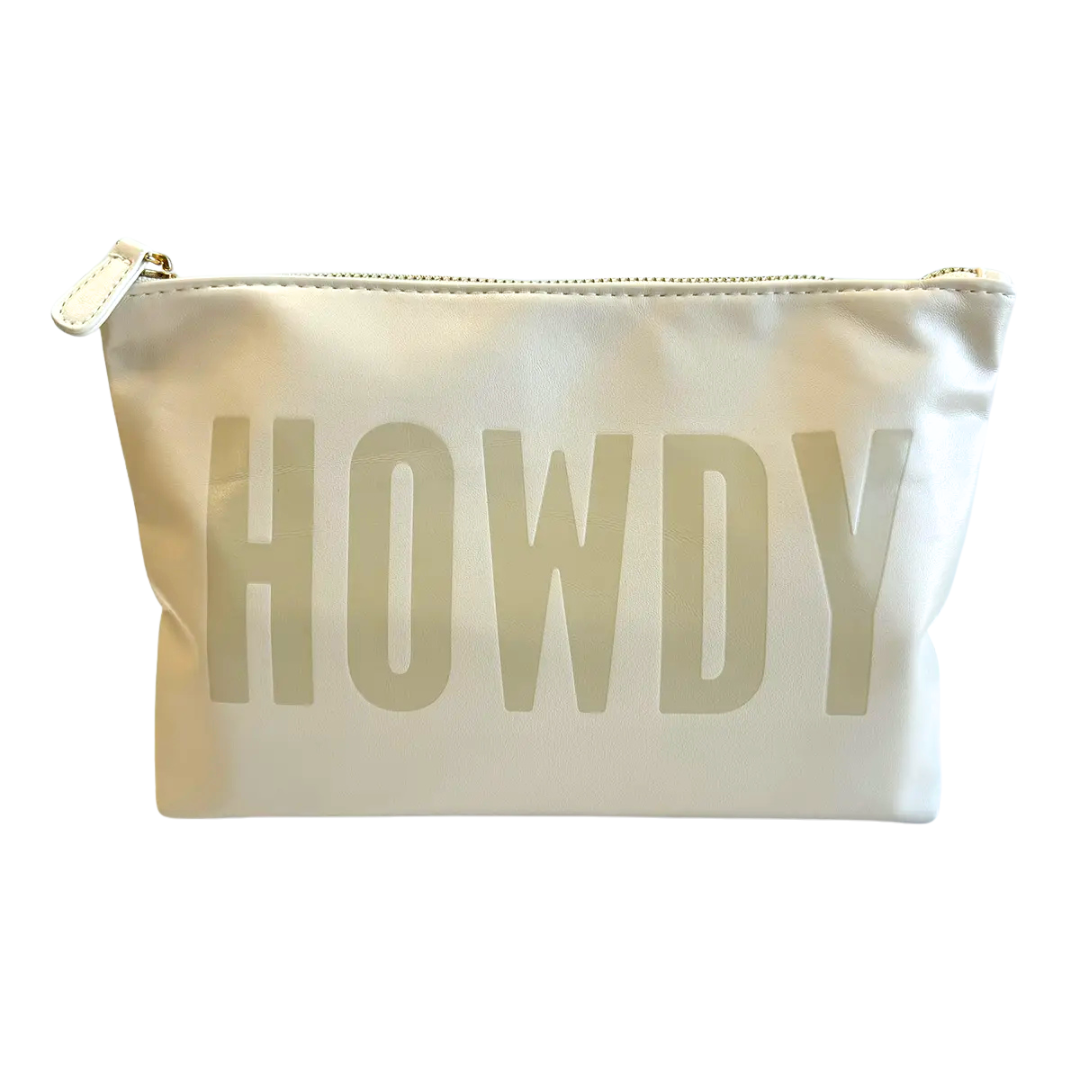 beige faux leather catch all pouch, lined with zipper.