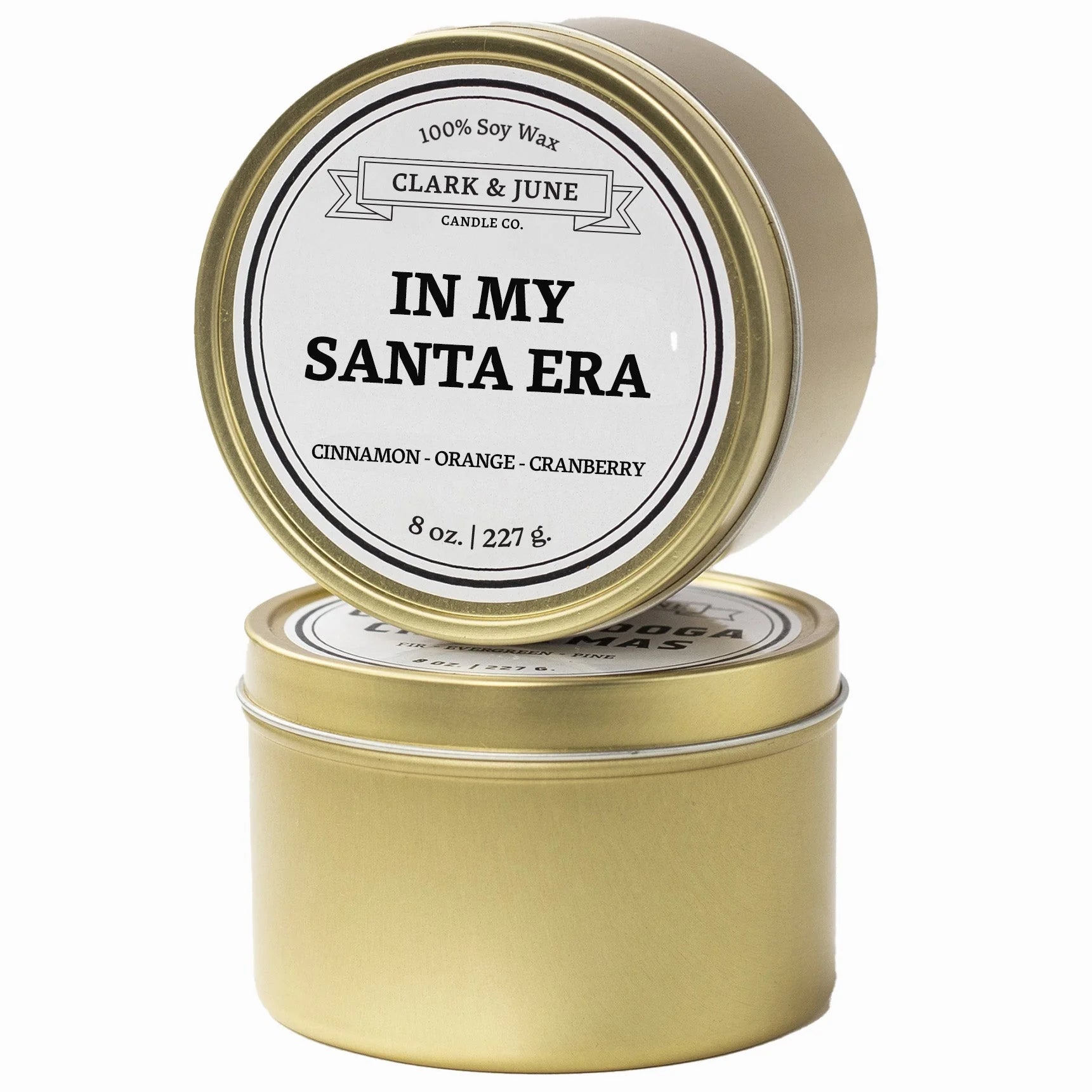 Clark & June holiday candle "In My Santa Era" for this upcoming holiday season. Combines the scents of cinnamon, orange, and cranberry.