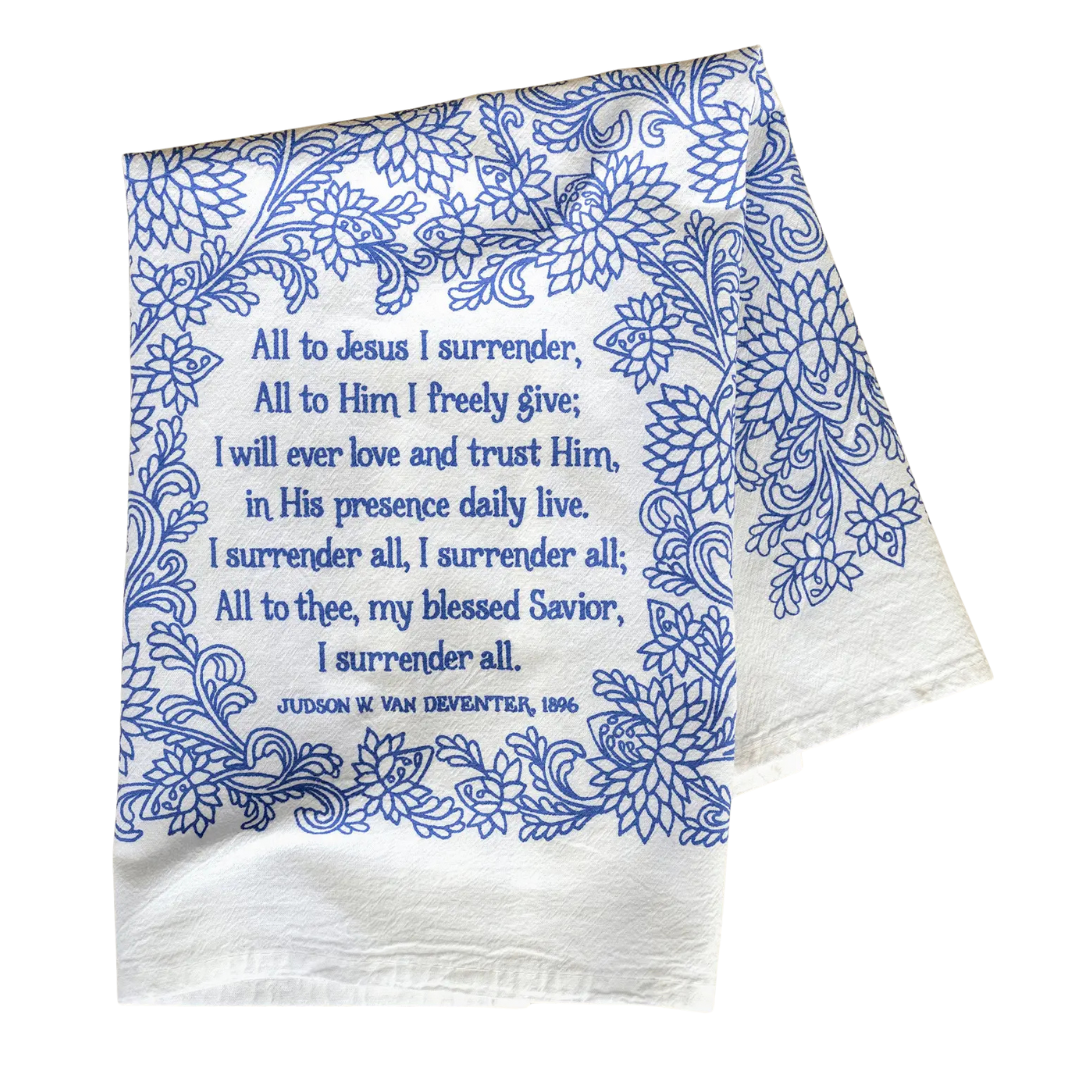 cotton kitchen towel floral design and hymn lyrics.