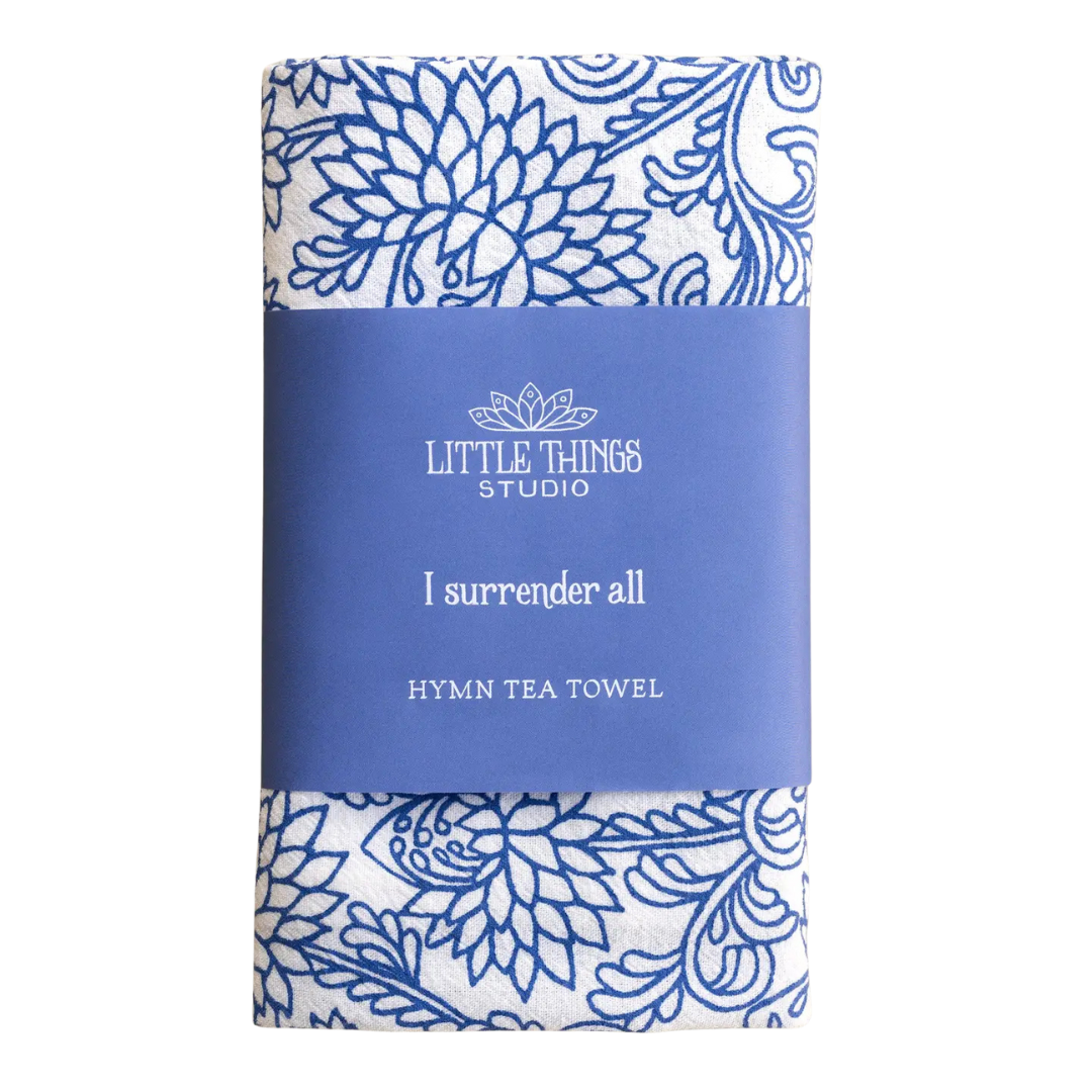 cotton kitchen towel floral design and hymn lyrics.