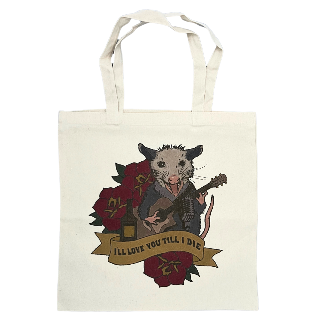 Possum themed tote bag.