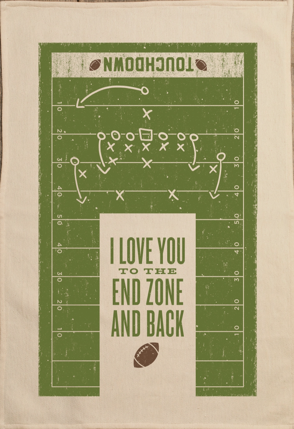 funny saying screen printed on cotton kitchen towel in green with football feild.