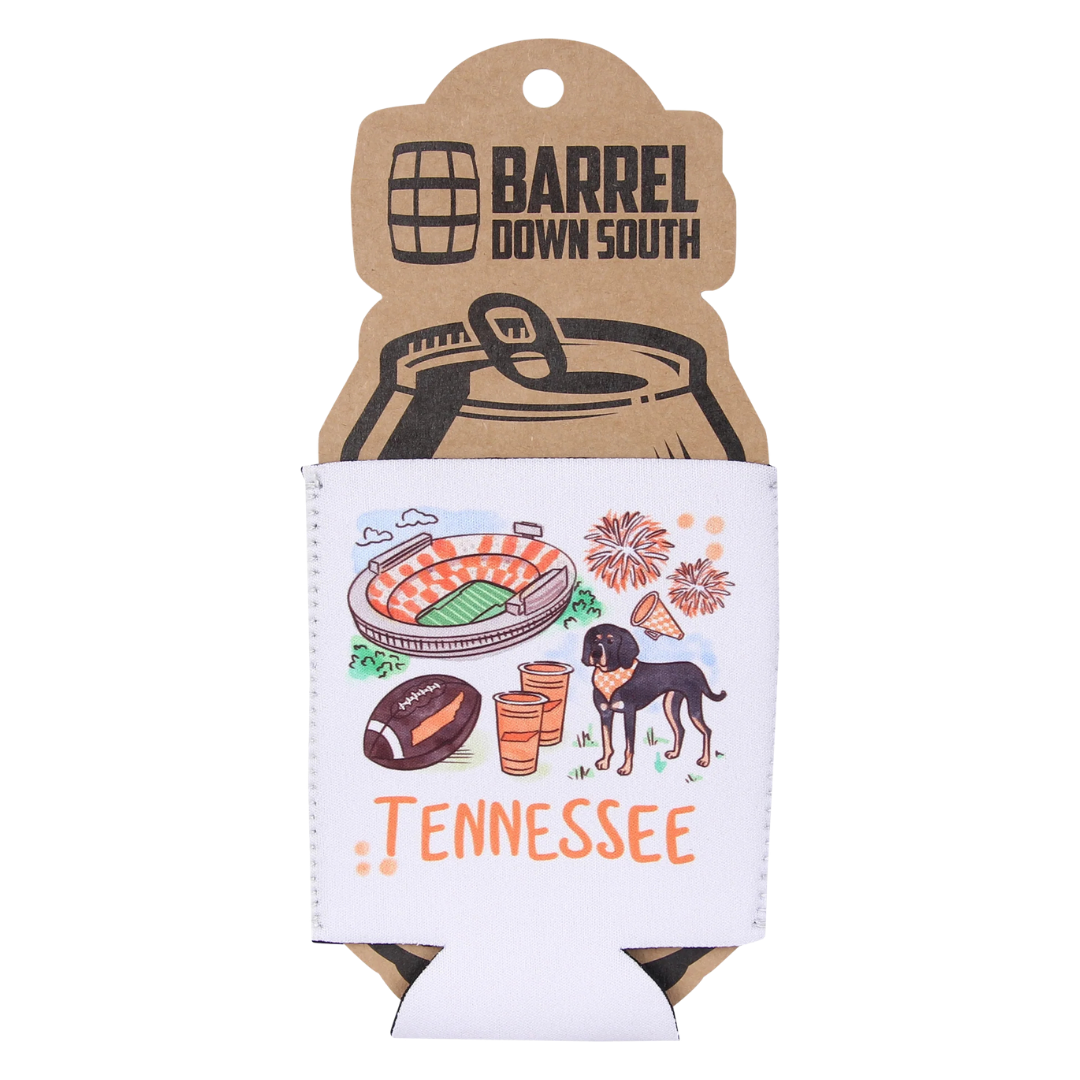 can hugger with illustrations of Neyland Stadium, football, Smokey the dog, Orange. 