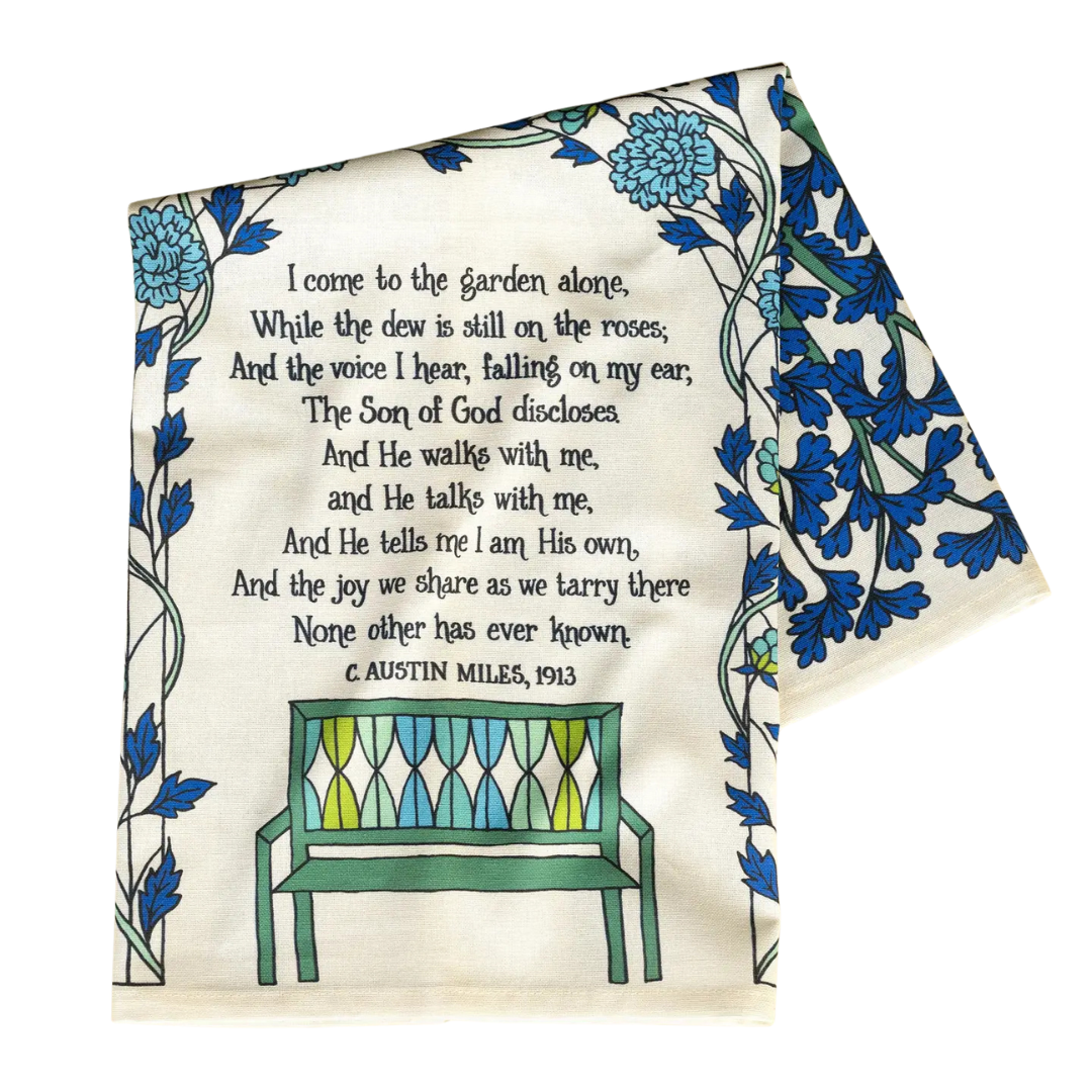 cotton kitchen towel floral design and hymn song lyrics.