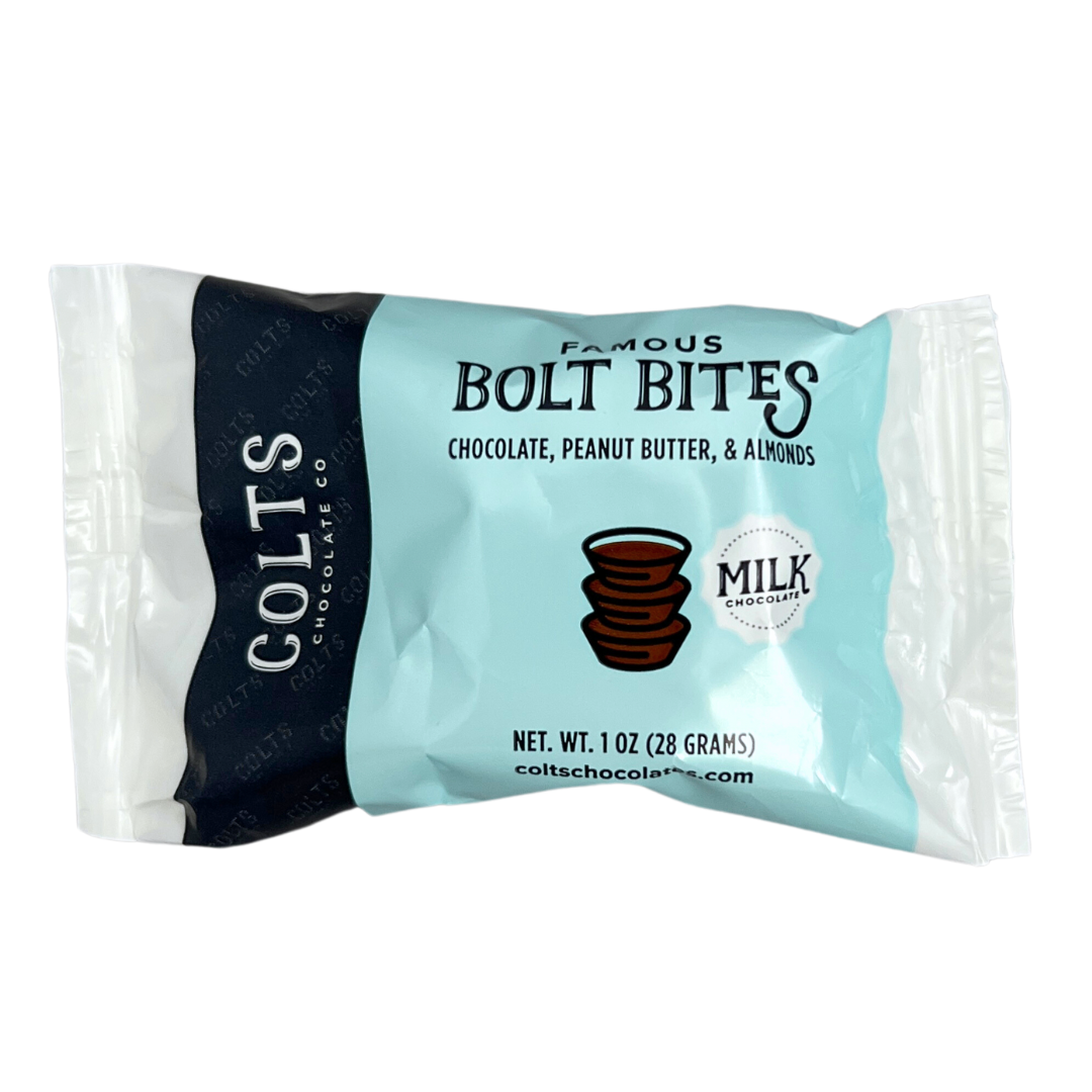 Bite sized peanut butter cup with whole almonds and covered in milk chocolate.