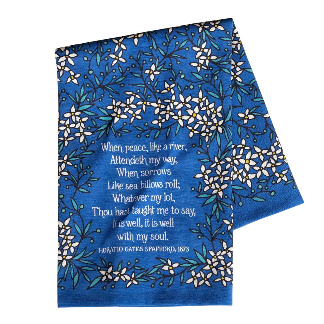 cotton kitchen towel floral design and hymn song lyrics.